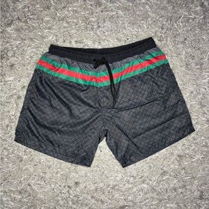 Gucci Black Swim Trunks with Red and Green Stripes